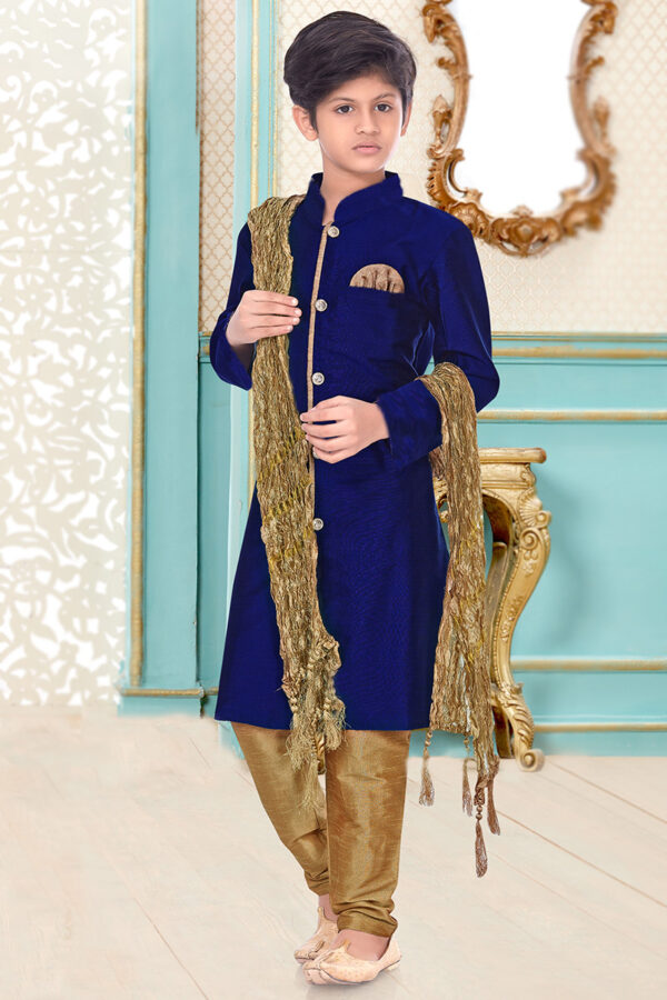 plain-dupion-silk-navy-blue-kids-sherwani-dry-clean KIDS SHERWANI IRON